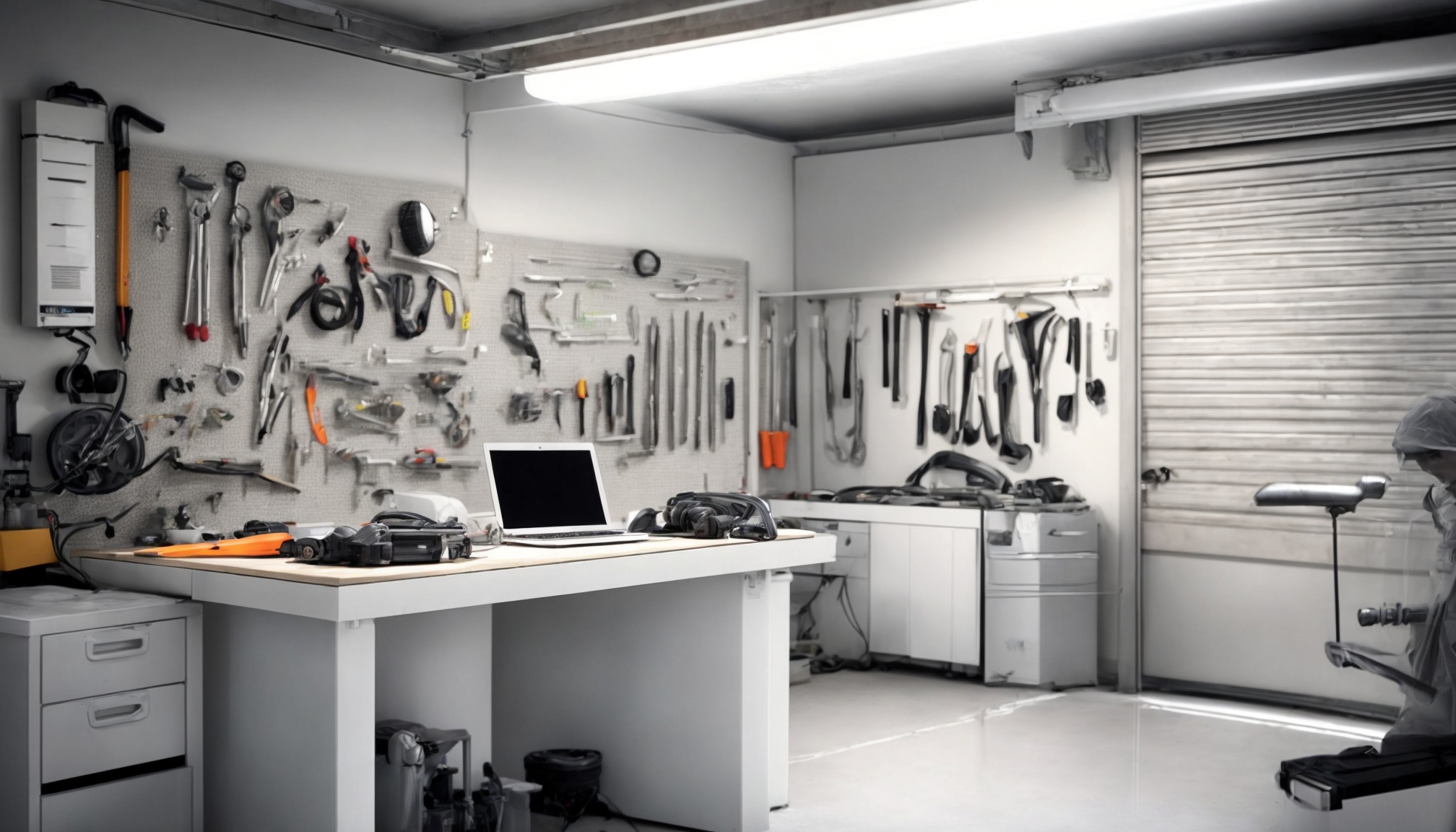 Teknisi memasang aksesoris pintu garasi modern dengan sistem smart opener