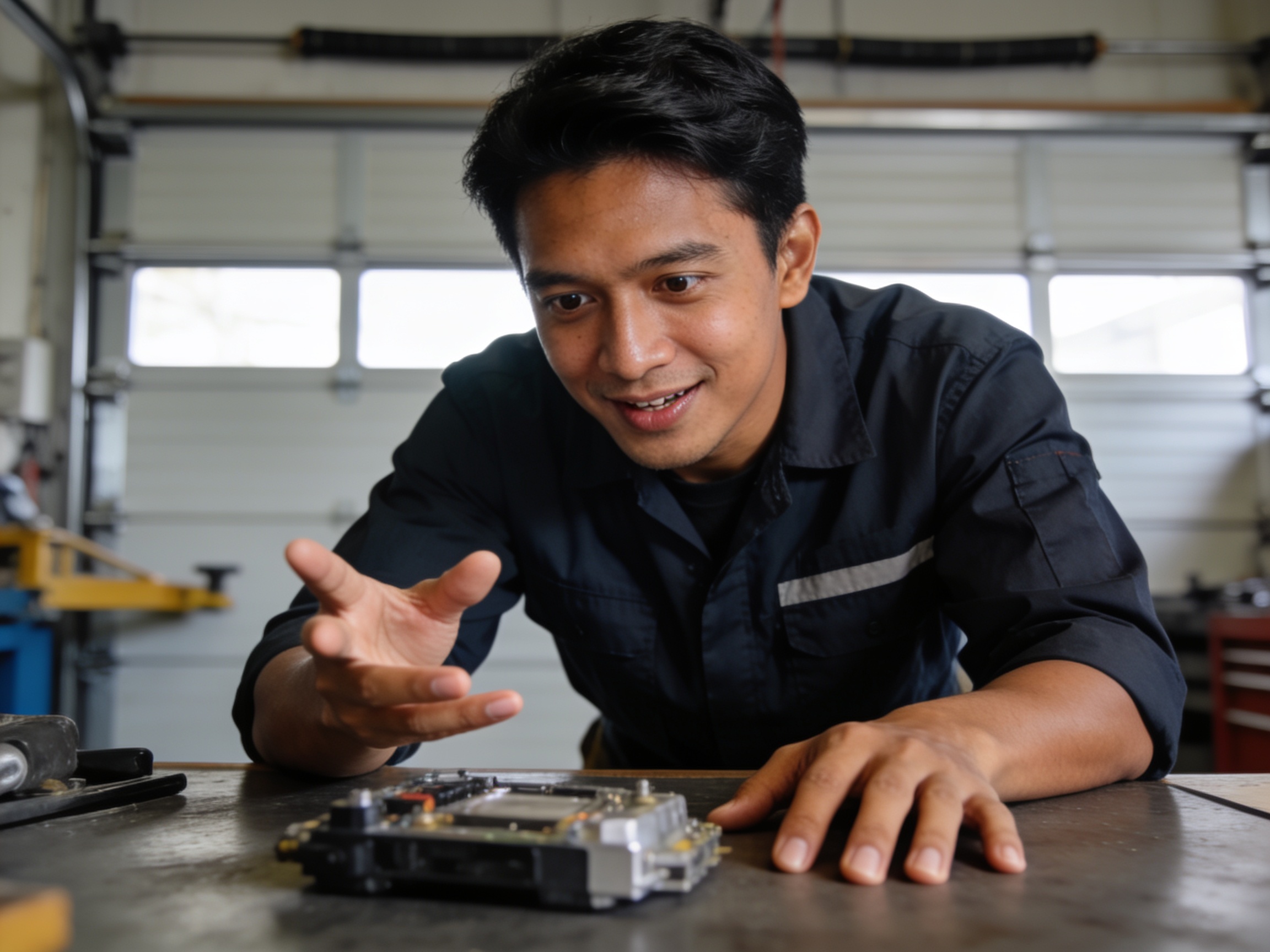 Insinyur Indonesia memeriksa spesifikasi hardware pintu garasi otomatis di bengkel modern.