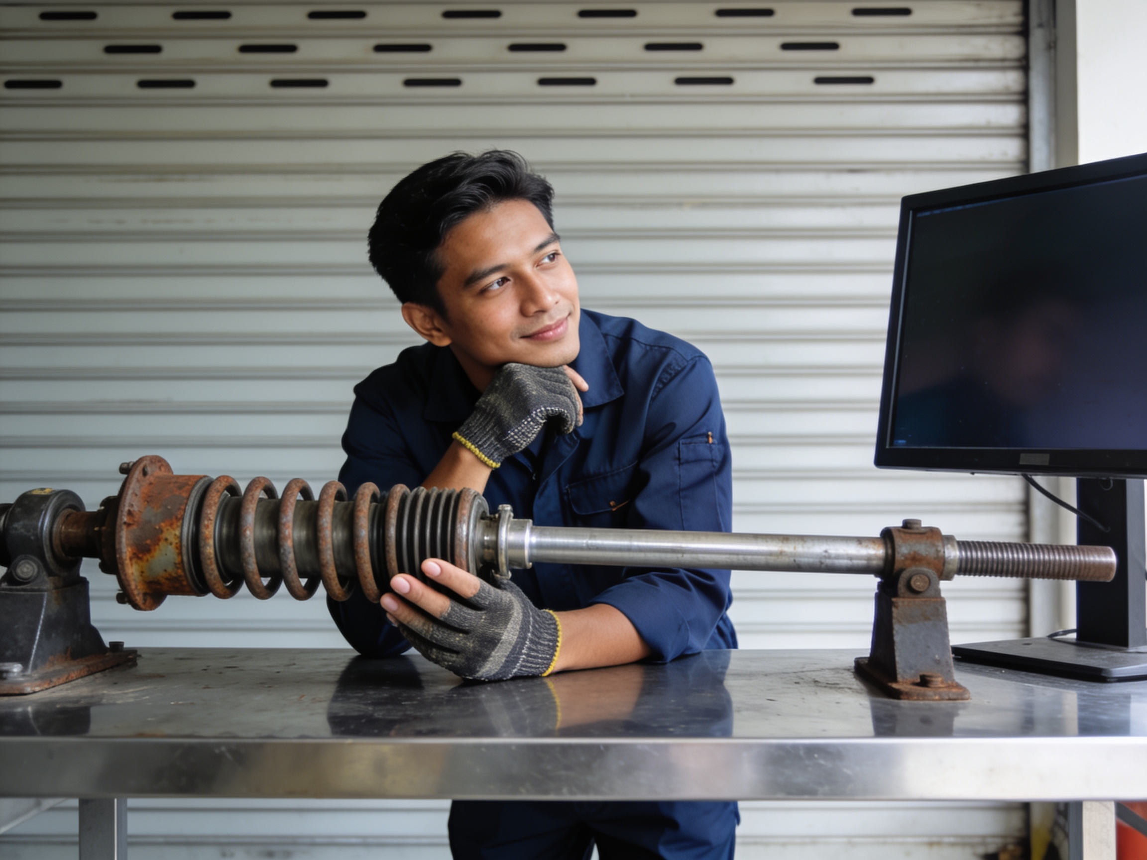 Teknisi memeriksa pegas torsion komponen engineering pintu garasi yang berkarat