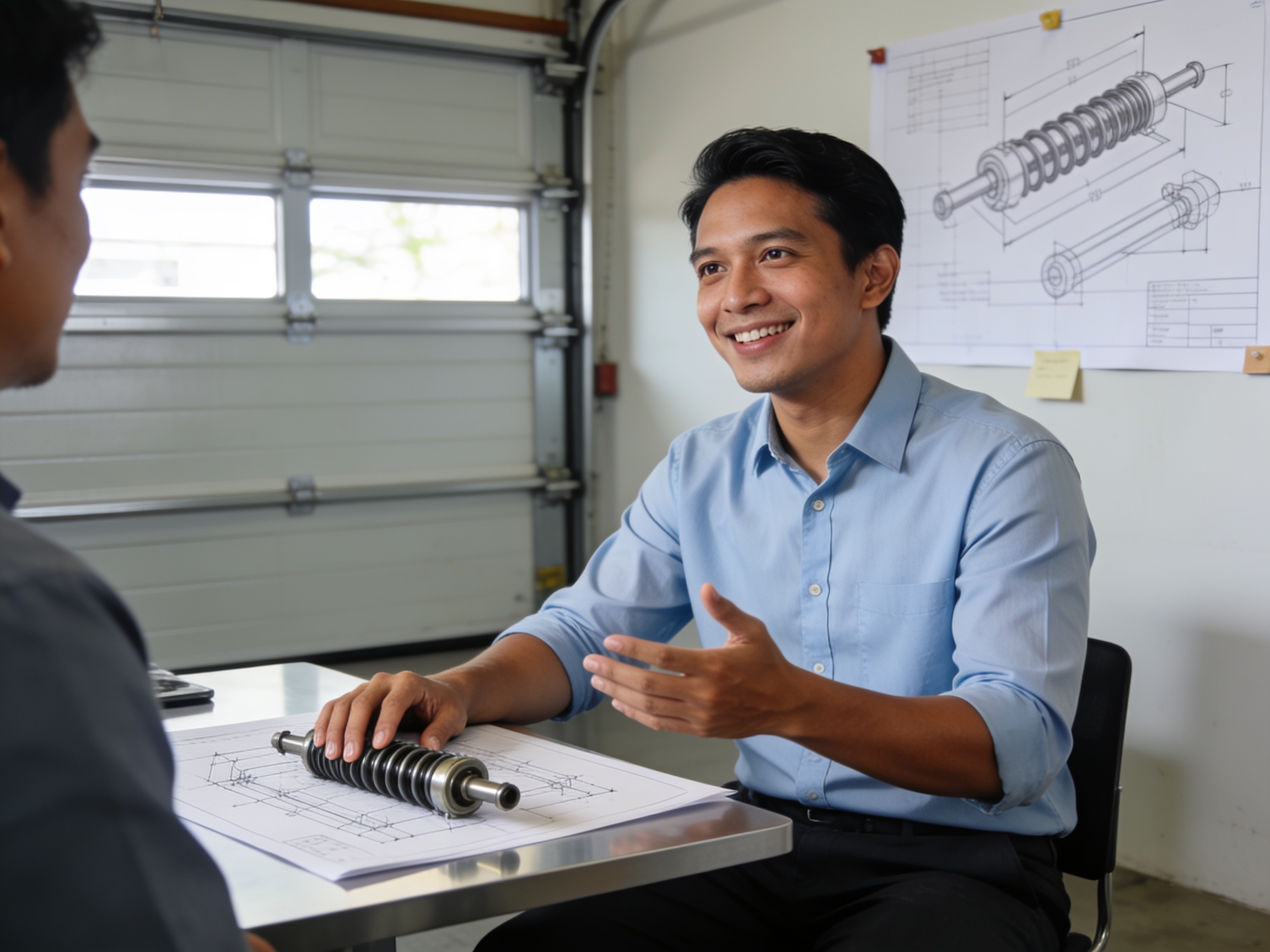 Manajer engineering meninjau blueprint pintu garasi untuk evaluasi struktur organisasi industri garasi